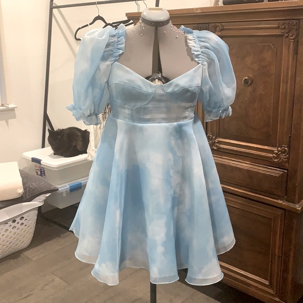Selkie Light Blue Puff-Sleeve Off-Shoulder Mini Dress - Picture 2 of 5